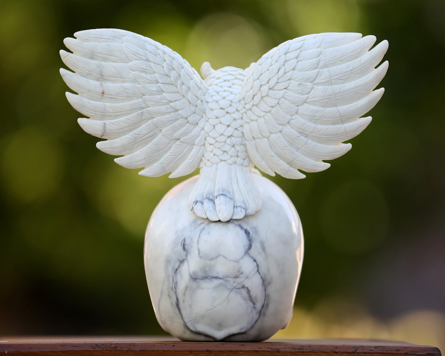 8.9" White Jade Hand Carved Crystal Skull and Owl Sculpture