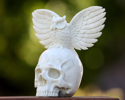 8.9" White Jade Hand Carved Crystal Skull and Owl Sculpture