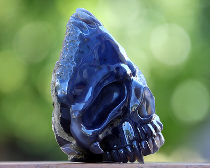 7.5" Amethyst Druse Agate Hand Carved Mineral Specimen Skull Sculpture