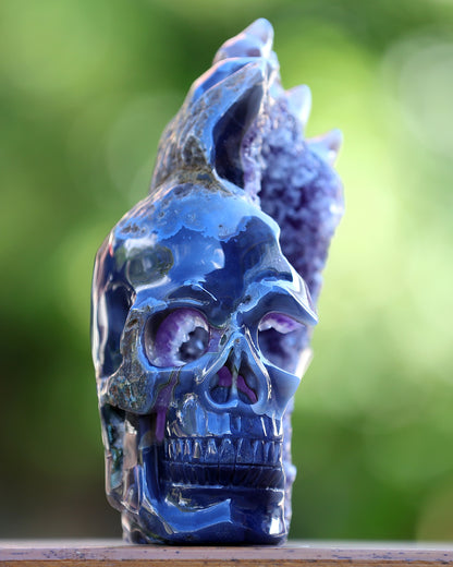 8.9" Amethyst Geode Agate Hand Carved Crystal Geode Skull Sculpture