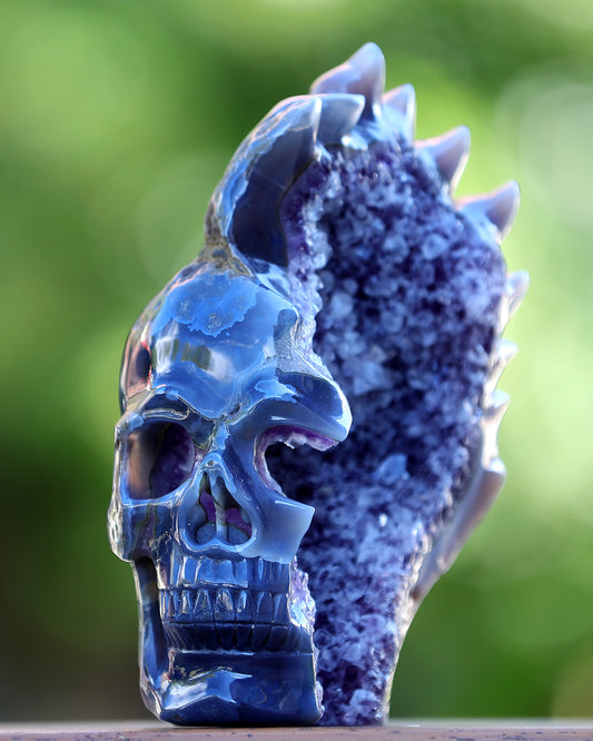 8.9" Amethyst Geode Agate Hand Carved Crystal Geode Skull Sculpture