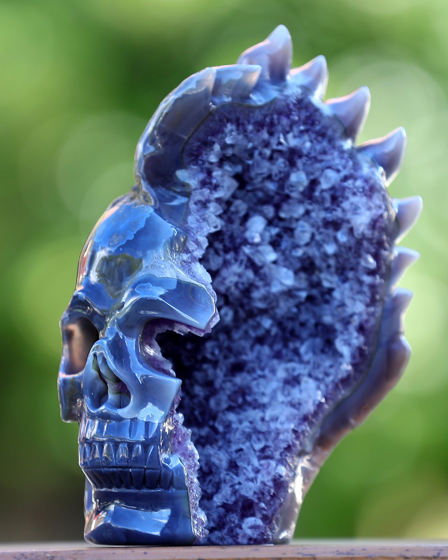 8.9" Amethyst Geode Agate Hand Carved Crystal Geode Skull Sculpture