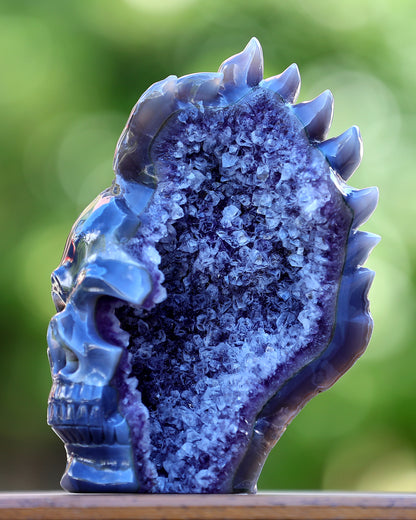 8.9" Amethyst Geode Agate Hand Carved Crystal Geode Skull Sculpture