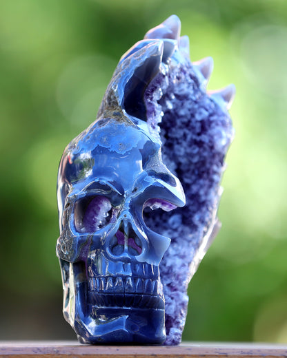 8.9" Amethyst Geode Agate Hand Carved Crystal Geode Skull Sculpture