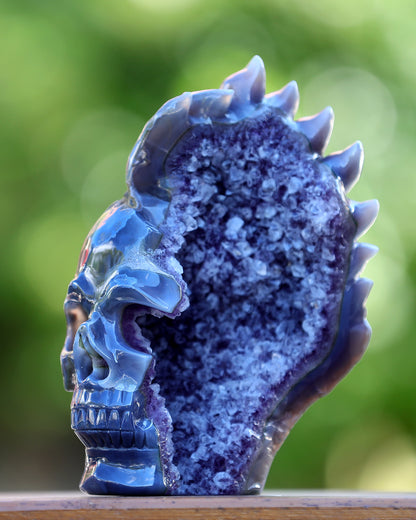 8.9" Amethyst Geode Agate Hand Carved Crystal Geode Skull Sculpture