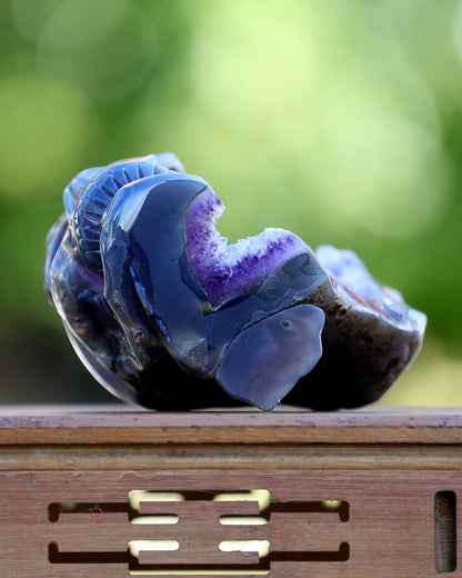 8.9" Amethyst Geode Agate Hand Carved Crystal Geode Skull Sculpture