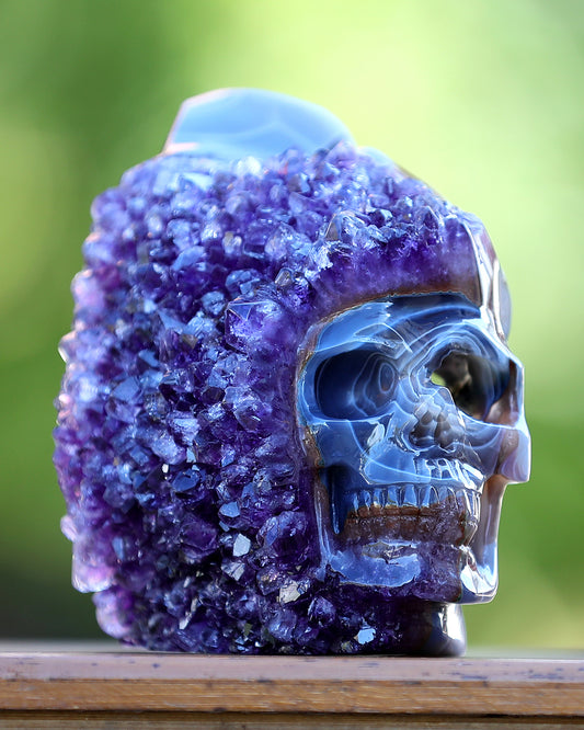 5.0" Amethyst Druse Agate Hand Carved Mineral Specimen Skull Sculpture