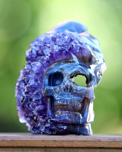 5.0" Amethyst Druse Agate Hand Carved Mineral Specimen Skull Sculpture