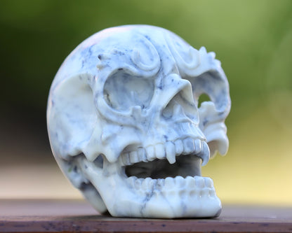 3.8" White Jade Hand Carved Crystal Skull Sculpture