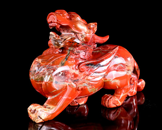 11" Natural Red Jasper Hand Carved Crystal Kylin Sculpture