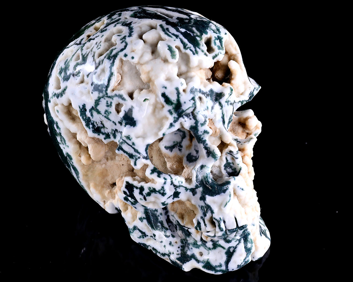 6.4" Moss Agate Hand Carved Crystal Realistic Skull Sculpture