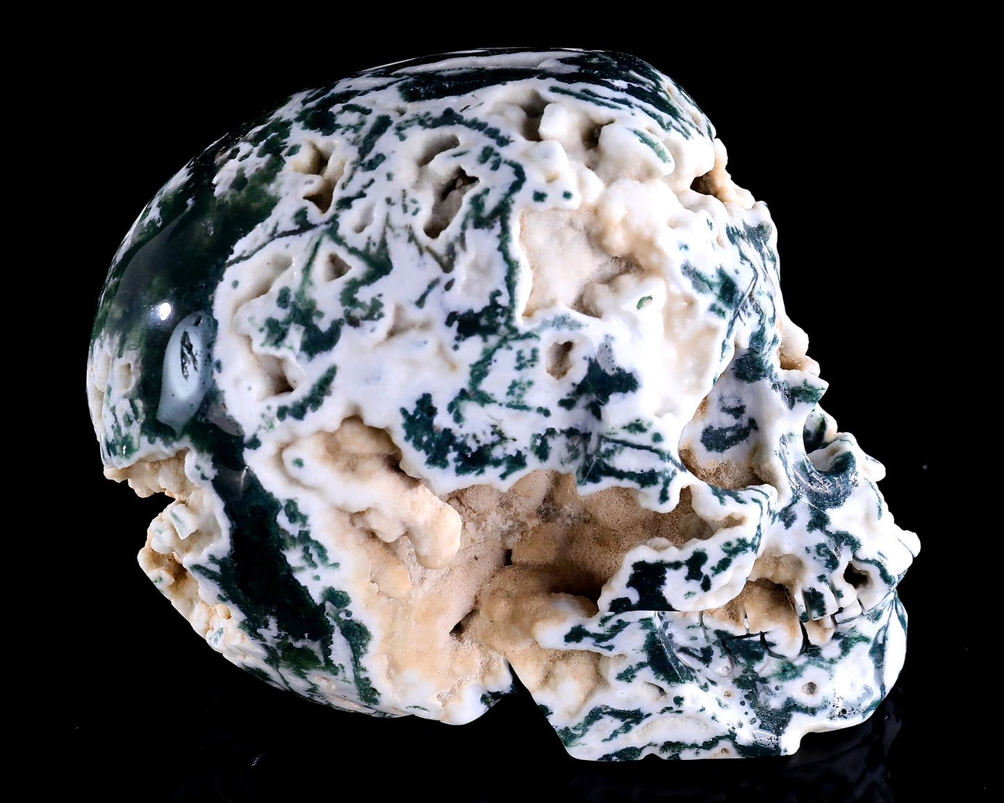 6.4" Moss Agate Hand Carved Crystal Realistic Skull Sculpture