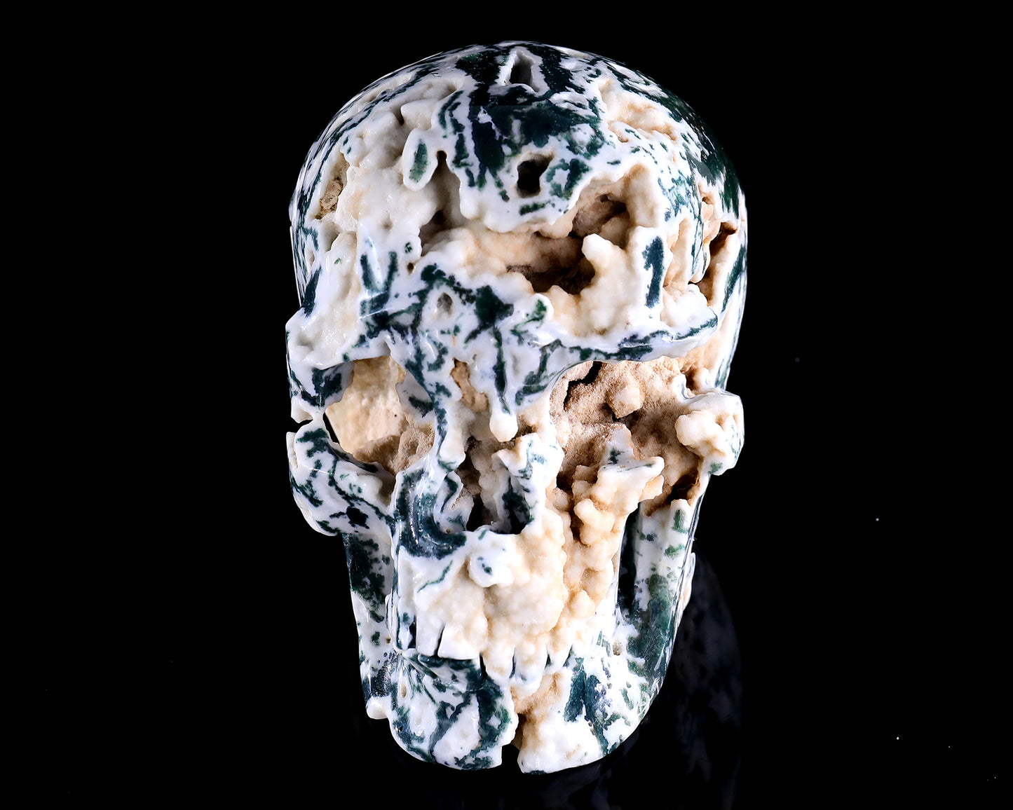 6.4" Moss Agate Hand Carved Crystal Realistic Skull Sculpture