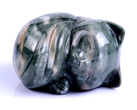 2.5" Jiulong Jade Hand Carved Crystal Sleepy Cat Sculpture