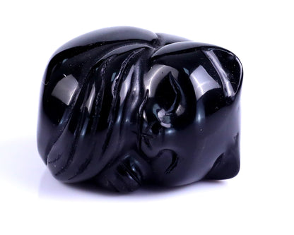 1.6" Black Obsidian Hand Carved Crystal Sleepy Cat Sculpture