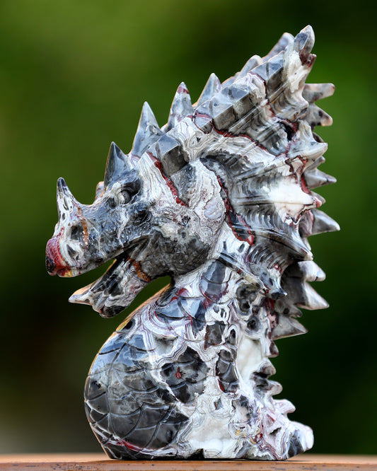 9.3" Red Lace Agate Hand Carved Crystal Dragon Skull Sculpture