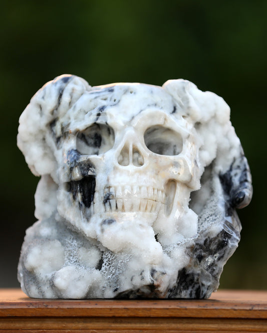 Unique 7.4" Geode Agate Hand Carved Crystal Geode Skull with Horn Sculpture