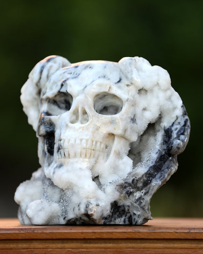 Unique 7.4" Geode Agate Hand Carved Crystal Geode Skull with Horn Sculpture