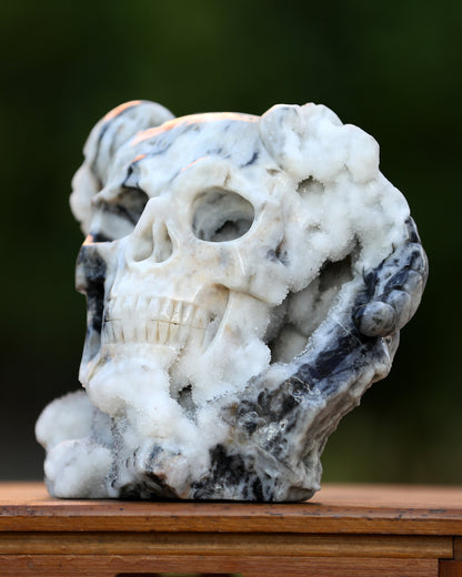 Unique 7.4" Geode Agate Hand Carved Crystal Geode Skull with Horn Sculpture