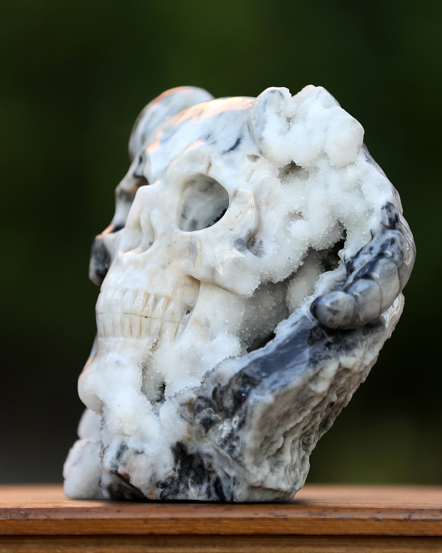 Unique 7.4" Geode Agate Hand Carved Crystal Geode Skull with Horn Sculpture