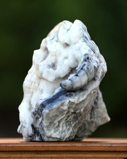 Unique 7.4" Geode Agate Hand Carved Crystal Geode Skull with Horn Sculpture