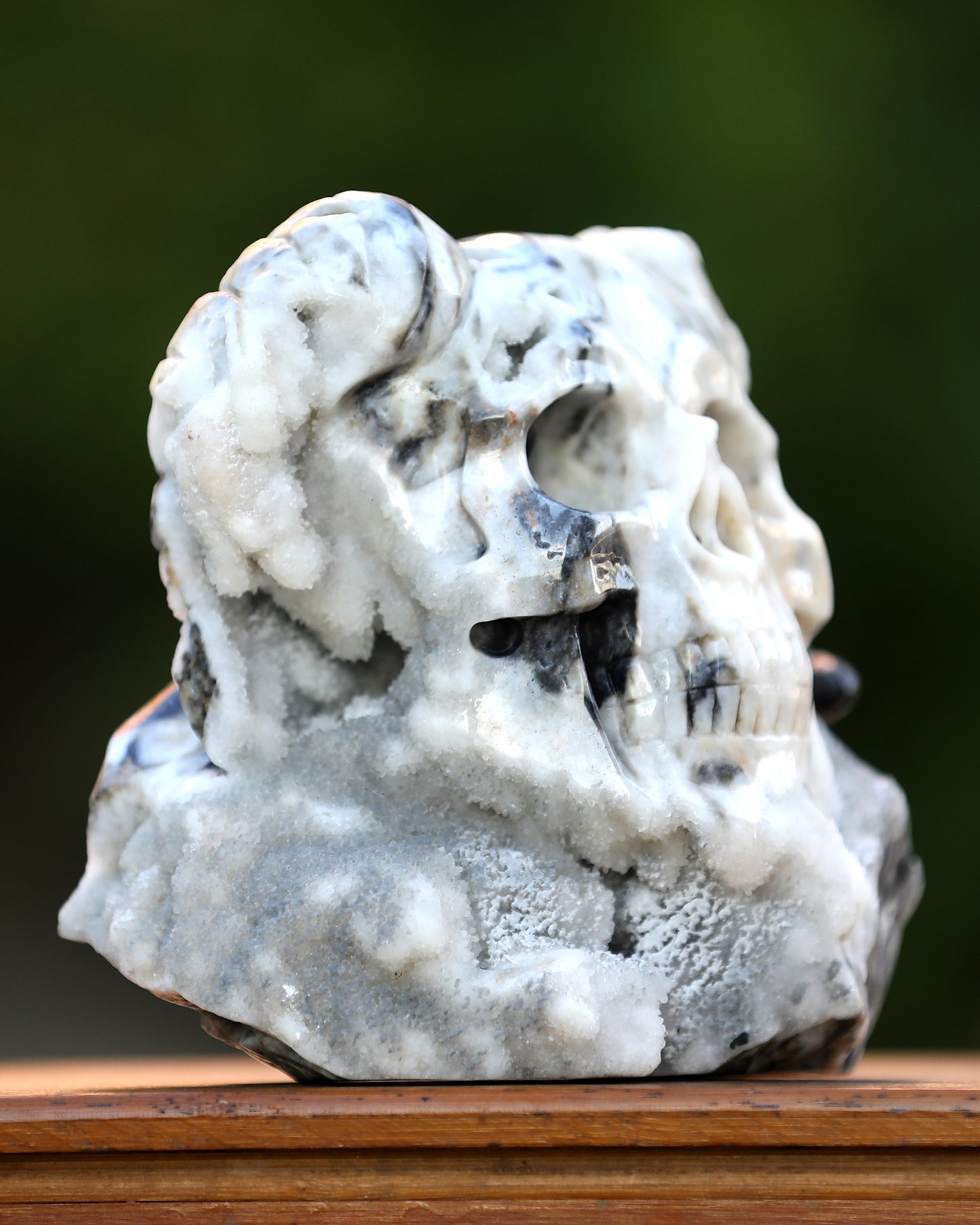 Unique 7.4" Geode Agate Hand Carved Crystal Geode Skull with Horn Sculpture