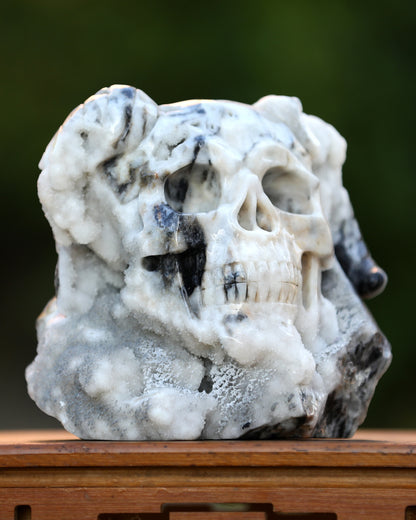 Unique 7.4" Geode Agate Hand Carved Crystal Geode Skull with Horn Sculpture