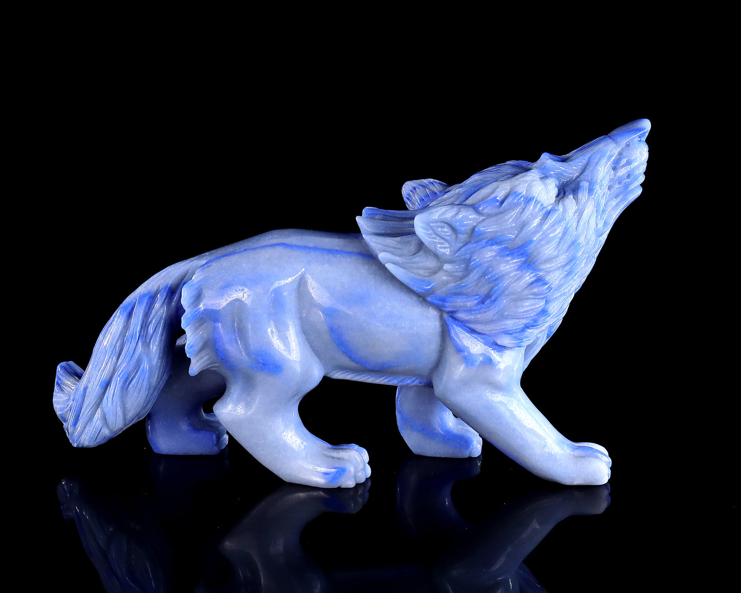 11" Blue Aventurine Chalcedony Hand Carved Crystal Wolf Sculpture