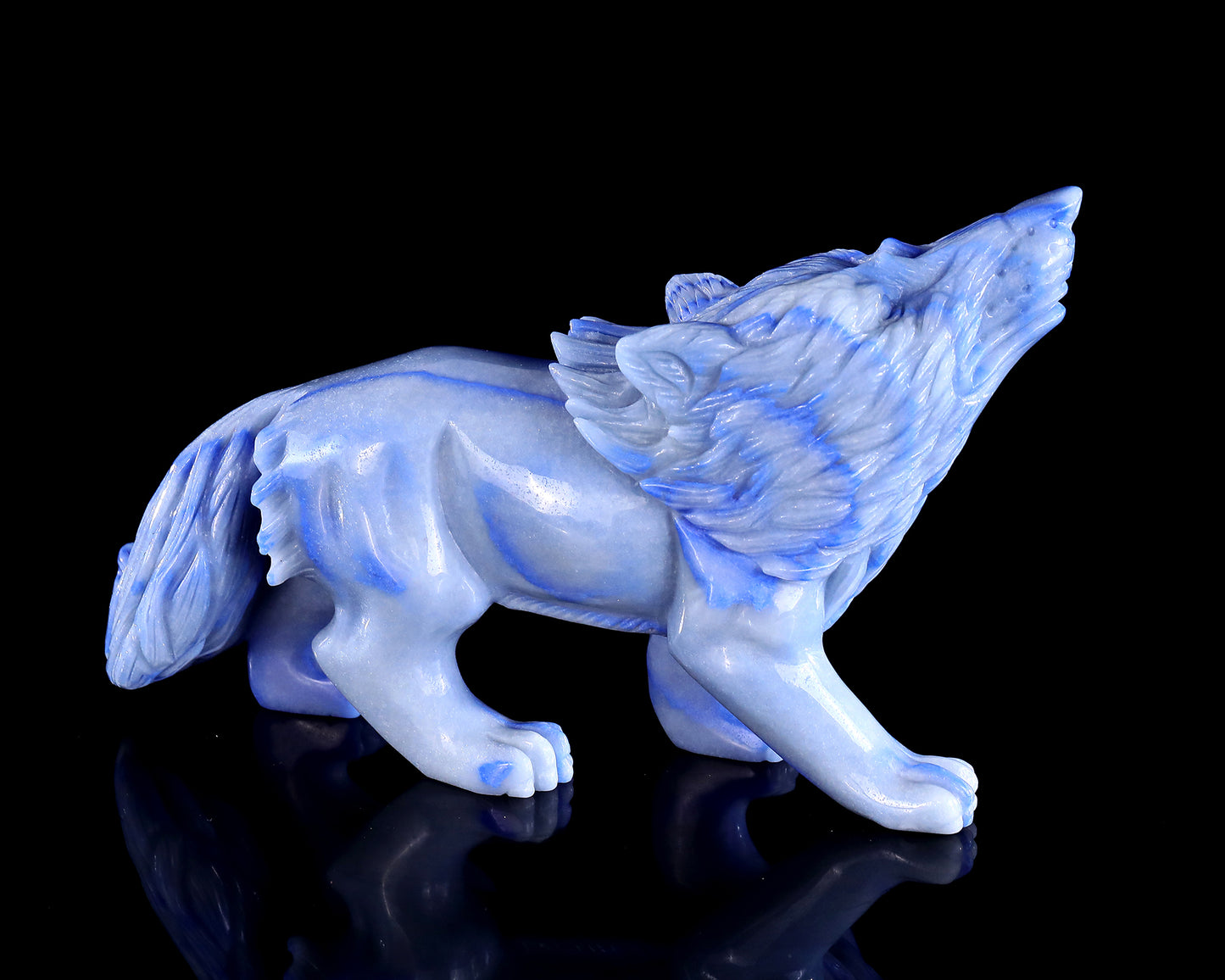 11" Blue Aventurine Chalcedony Hand Carved Crystal Wolf Sculpture