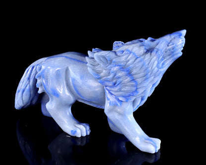 11" Blue Aventurine Chalcedony Hand Carved Crystal Wolf Sculpture