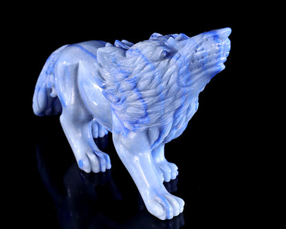 11" Blue Aventurine Chalcedony Hand Carved Crystal Wolf Sculpture