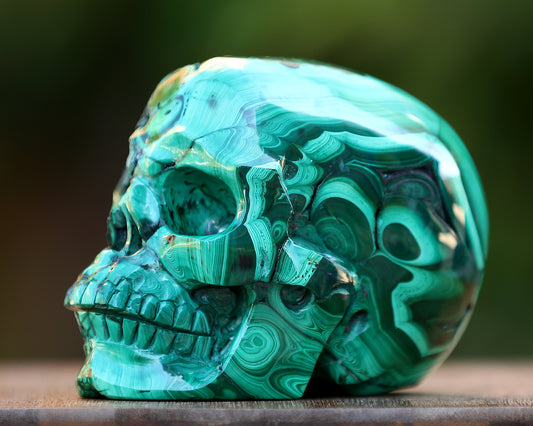 5.5" Natural Malachite Hand Carved Crystal Realistic Skull Sculpture