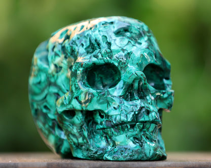 6.0" Natural Malachite Hand Carved Crystal Realistic Skull Sculpture