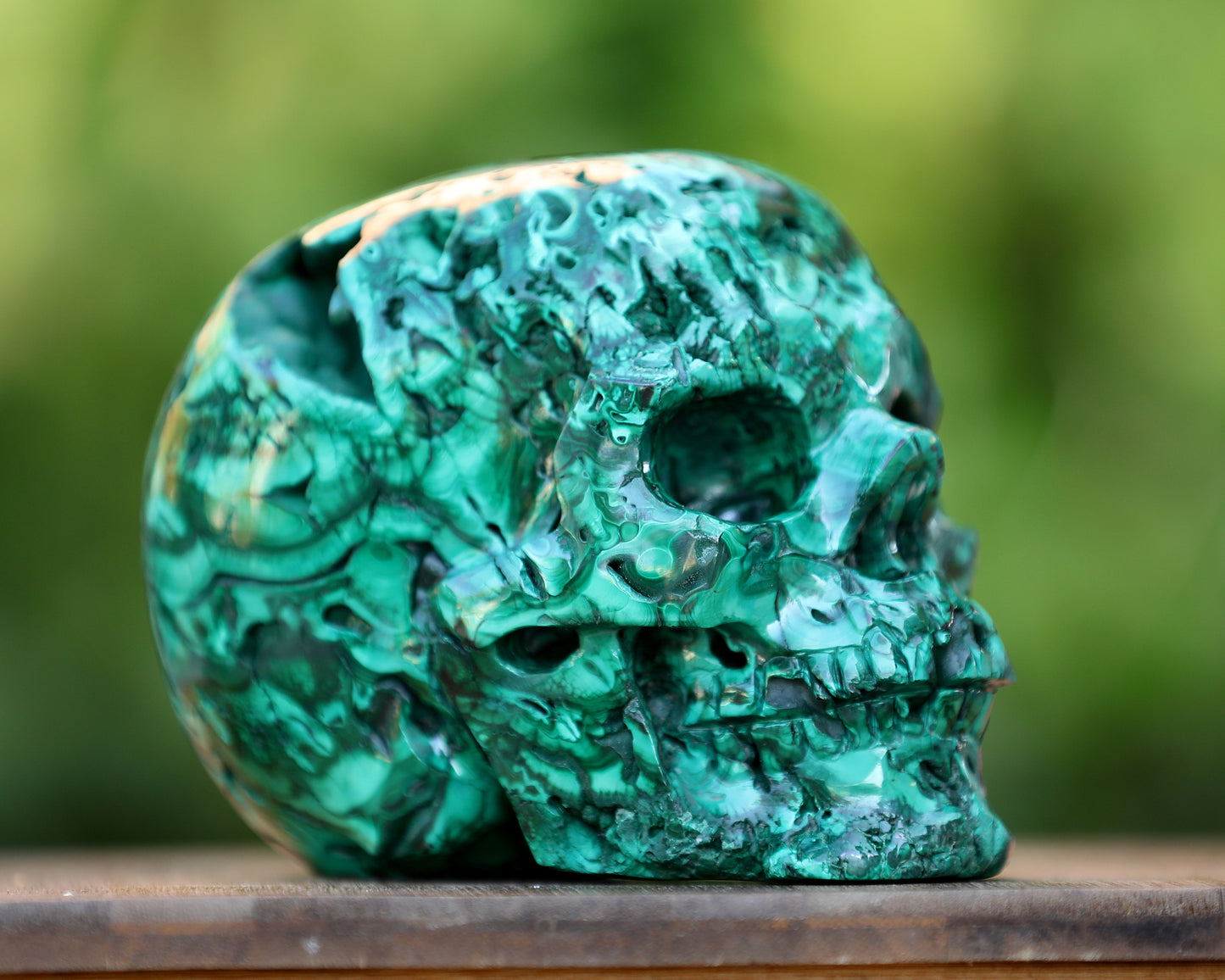 6.0" Natural Malachite Hand Carved Crystal Realistic Skull Sculpture