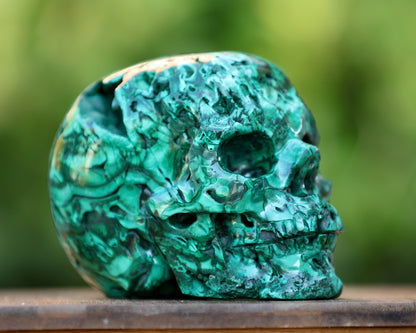 6.0" Natural Malachite Hand Carved Crystal Realistic Skull Sculpture