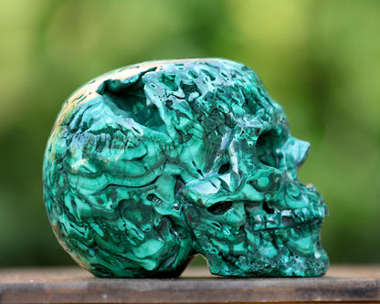 6.0" Natural Malachite Hand Carved Crystal Realistic Skull Sculpture