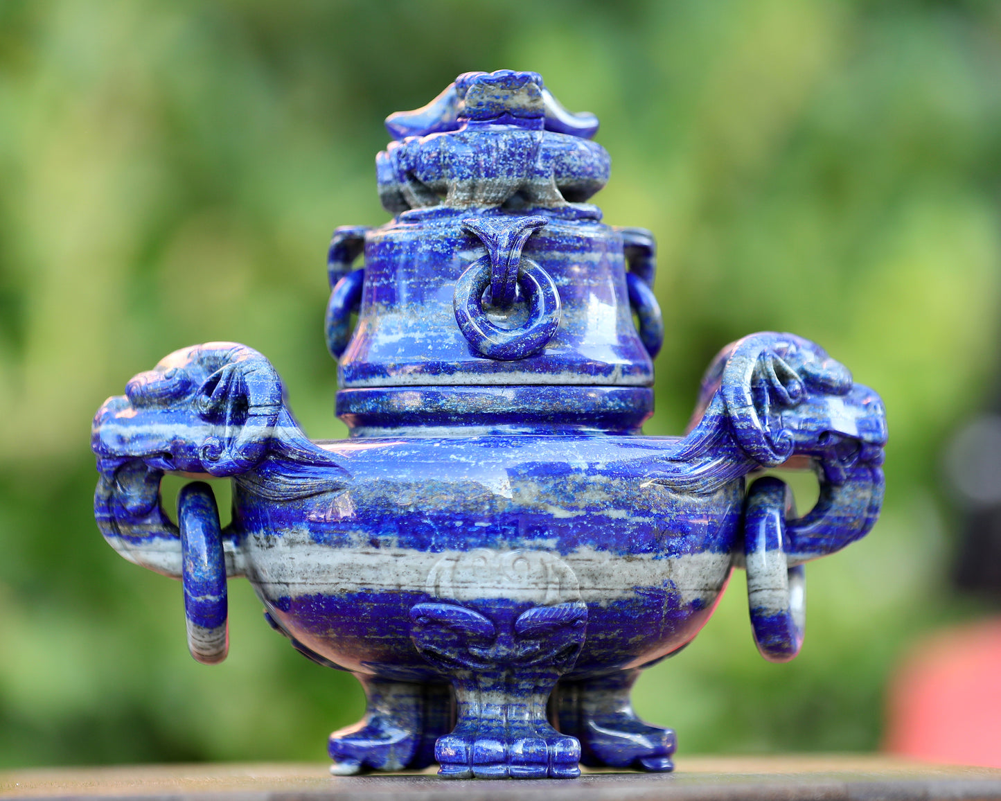 9.0” Natural Lapis Lazuli Hand Carved 3 Foot Censer with Lid Gemstone Tripod