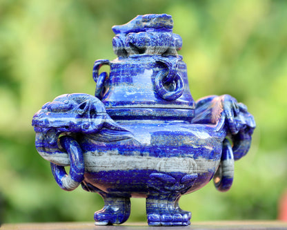 9.0” Natural Lapis Lazuli Hand Carved 3 Foot Censer with Lid Gemstone Tripod