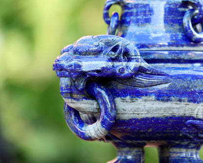 9.0” Natural Lapis Lazuli Hand Carved 3 Foot Censer with Lid Gemstone Tripod