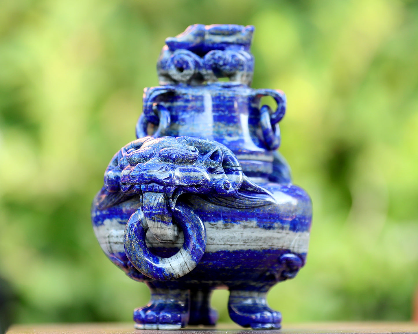 9.0” Natural Lapis Lazuli Hand Carved 3 Foot Censer with Lid Gemstone Tripod