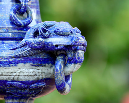 9.0” Natural Lapis Lazuli Hand Carved 3 Foot Censer with Lid Gemstone Tripod