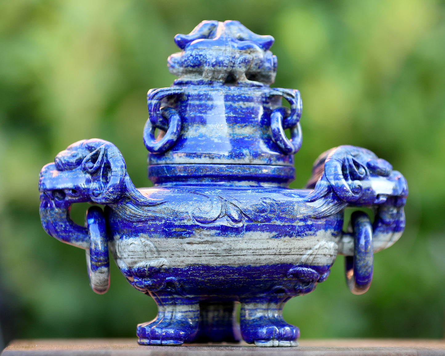 9.0” Natural Lapis Lazuli Hand Carved 3 Foot Censer with Lid Gemstone Tripod