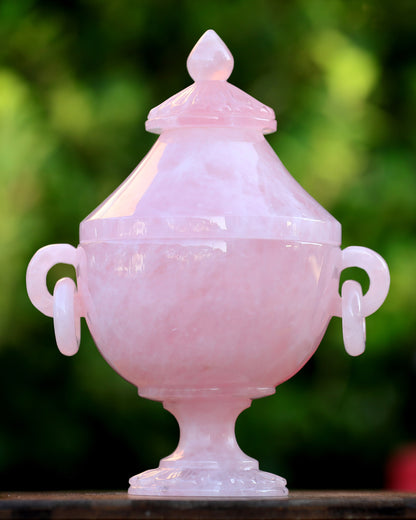 11.0” Natural Rose Quartz Hand Carved Decorative Storage,Candy Bowl with Lid