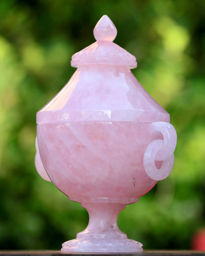 11.0” Natural Rose Quartz Hand Carved Decorative Storage,Candy Bowl with Lid