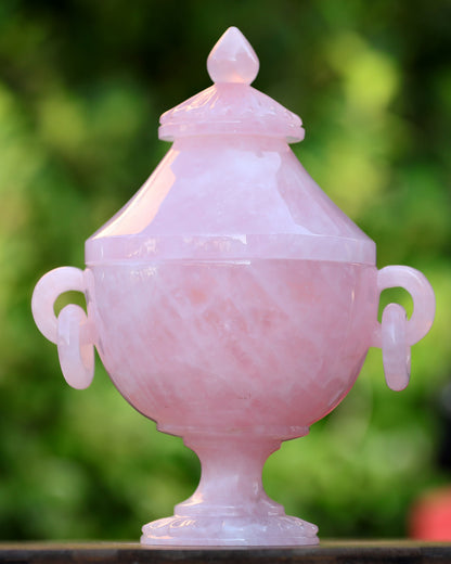 11.0” Natural Rose Quartz Hand Carved Decorative Storage,Candy Bowl with Lid