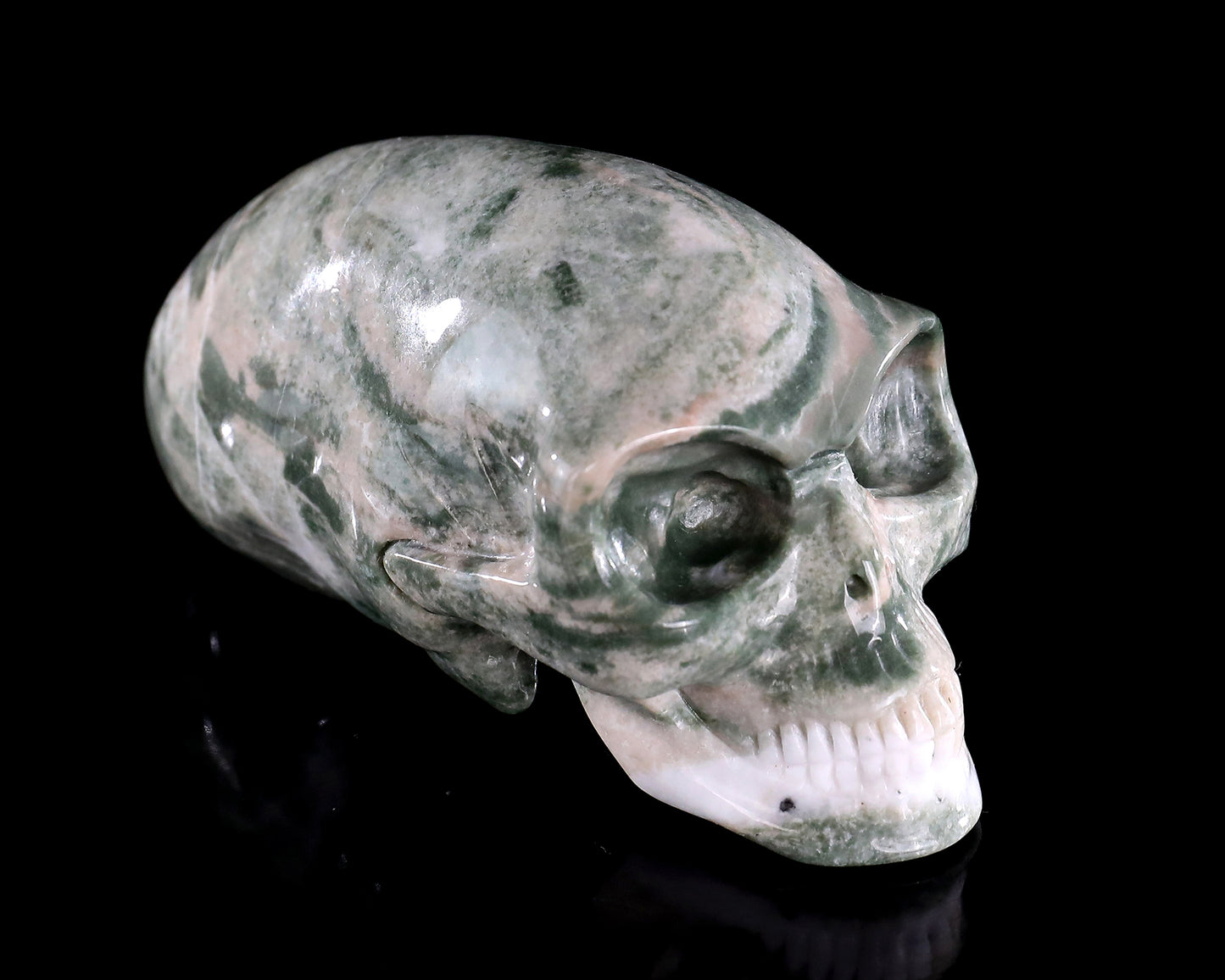 3.9” Natural Jiulong Jade Hand Carved Crystal Elongated Mayan Alien Skull Sculpture