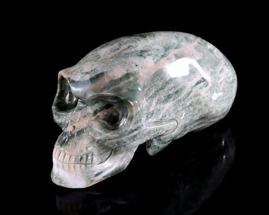 3.9” Natural Jiulong Jade Hand Carved Crystal Elongated Mayan Alien Skull Sculpture