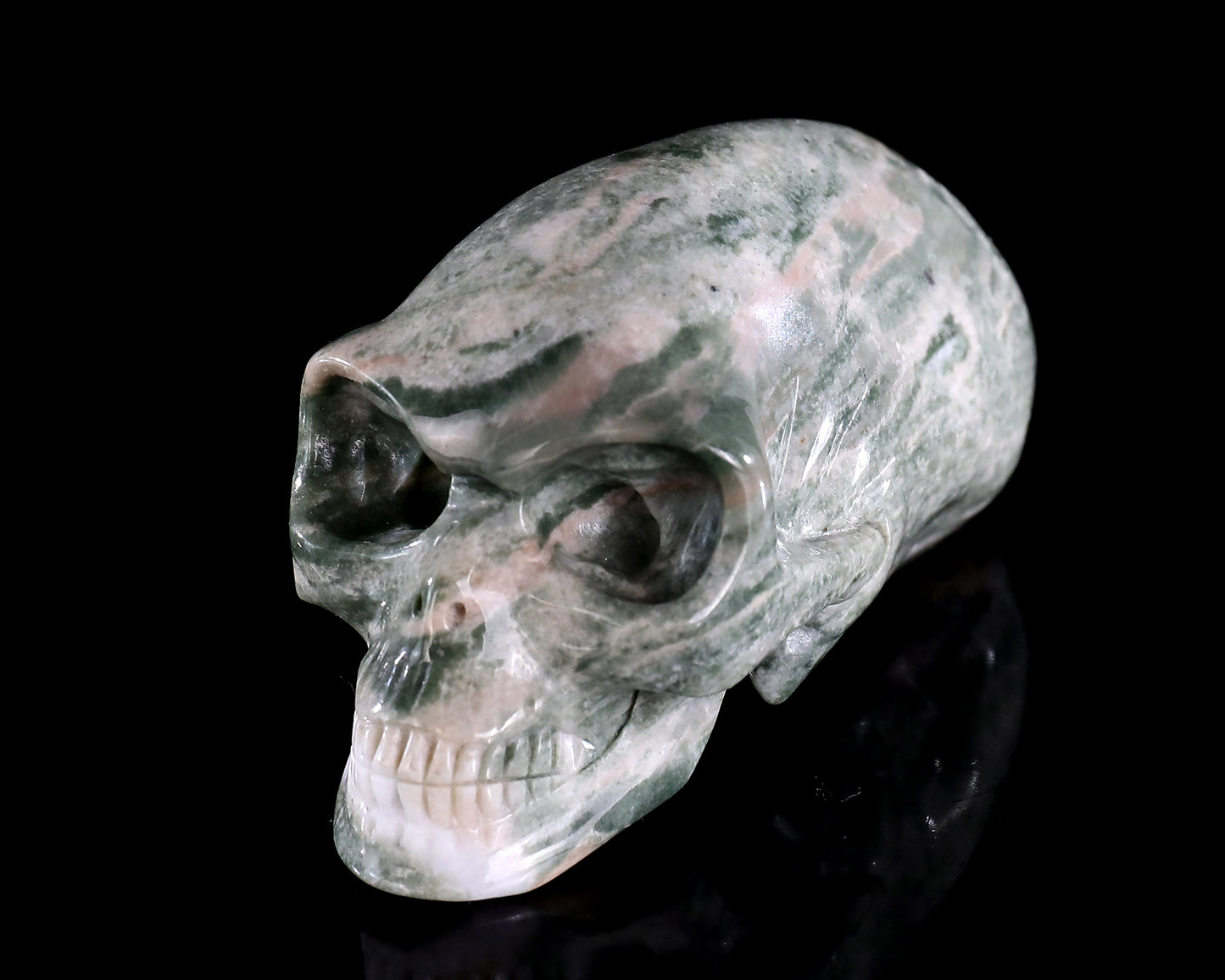 3.9” Natural Jiulong Jade Hand Carved Crystal Elongated Mayan Alien Skull Sculpture