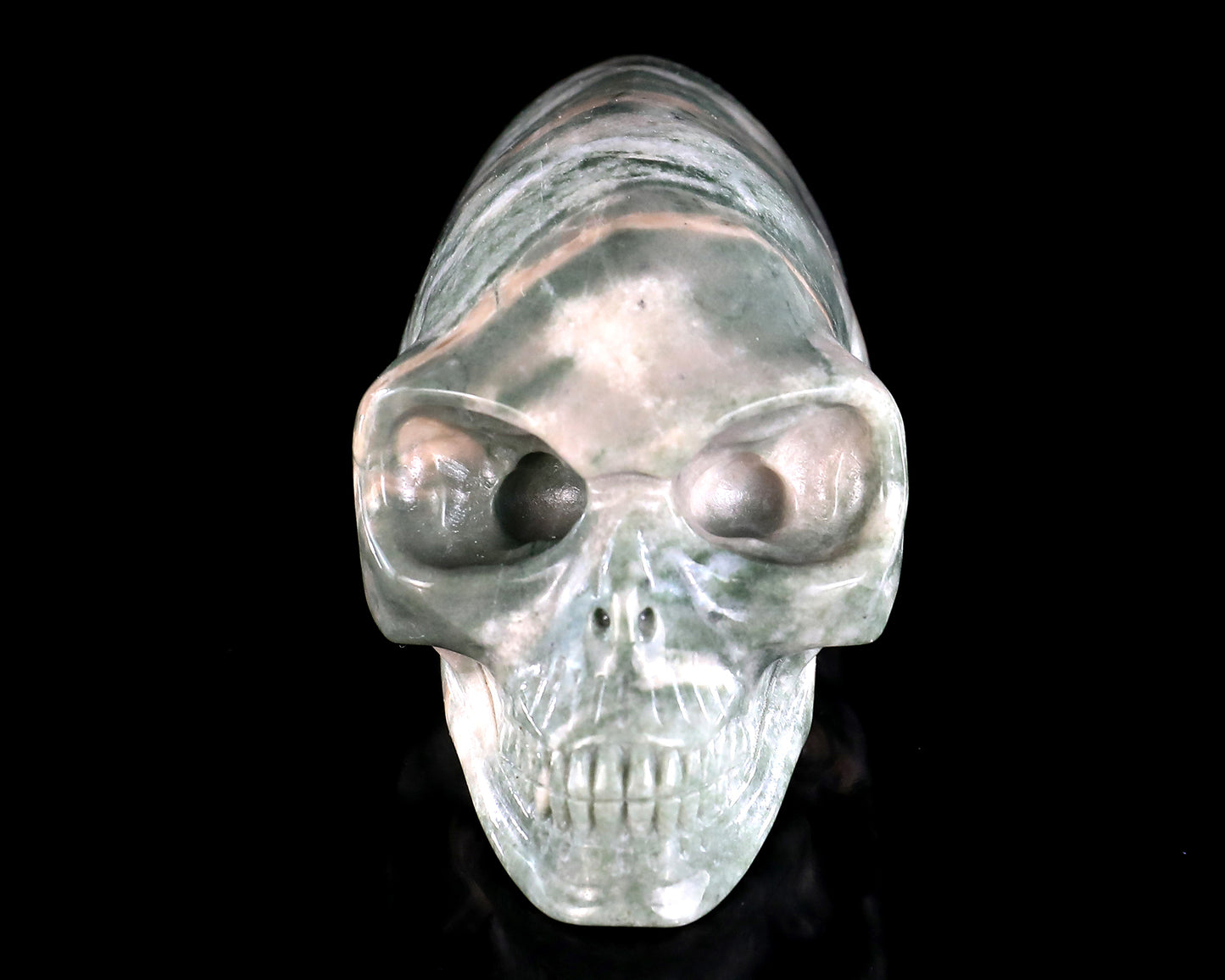 3.9” Natural Jiulong Jade Hand Carved Crystal Elongated Mayan Alien Skull Sculpture