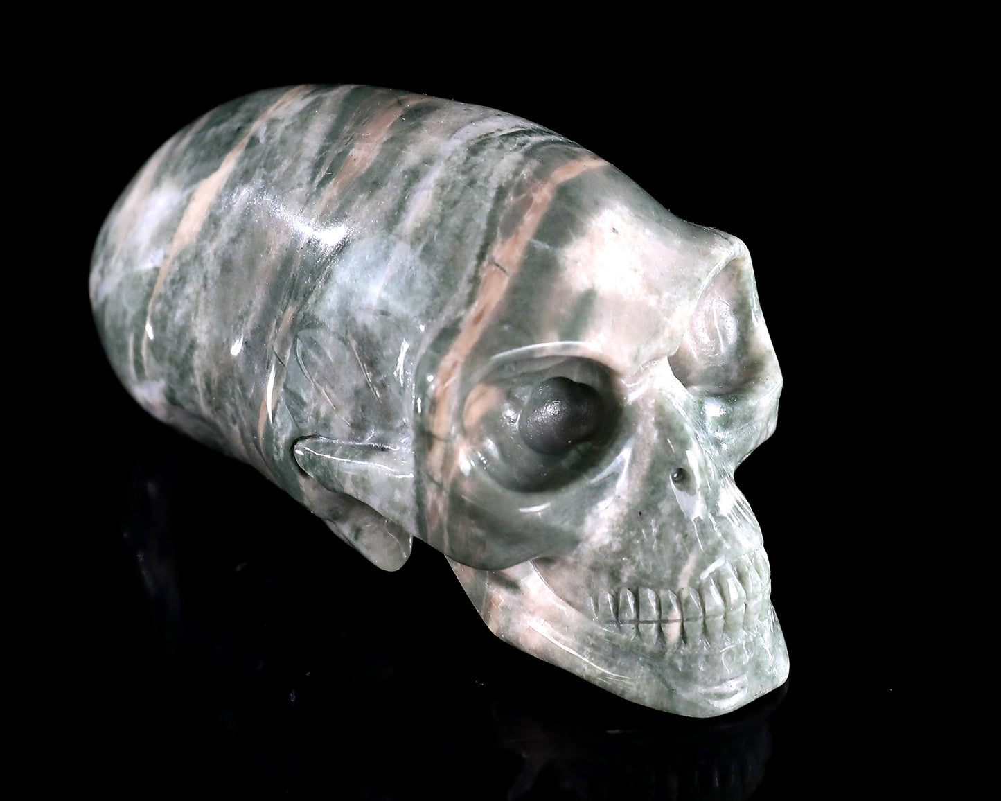 3.9” Natural Jiulong Jade Hand Carved Crystal Elongated Mayan Alien Skull Sculpture